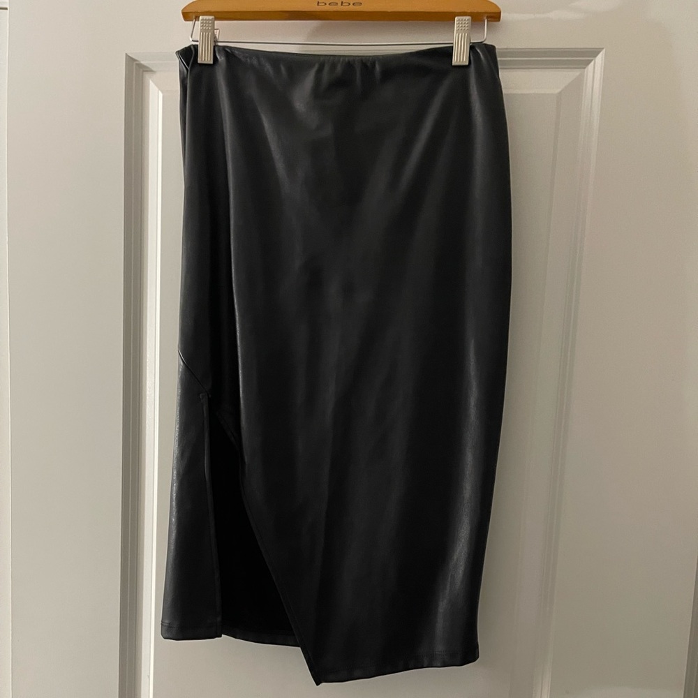 Black Faux Leather Midi Skirt With Split